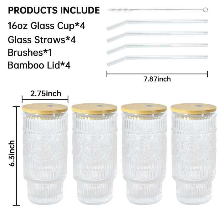 4 Pack 16oz Drinking Glasses Cups Set with Bamboo Lids Straws Brush 4 styles Vintage Glassware Set for Juice Iced Coffee Beer Cocktail Whiskey
