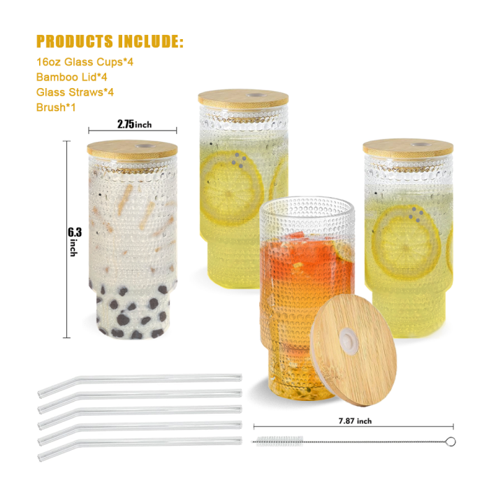 4 Pack 16oz Drinking Glasses Cups Set with Bamboo Lids Straws Brush 4 styles Vintage Glassware Set for Juice Iced Coffee Beer Cocktail Whiskey