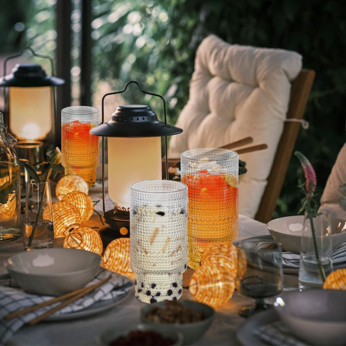 4 Pack 16oz Drinking Glasses Cups Set with Bamboo Lids Straws Brush 4 styles Vintage Glassware Set for Juice Iced Coffee Beer Cocktail Whiskey