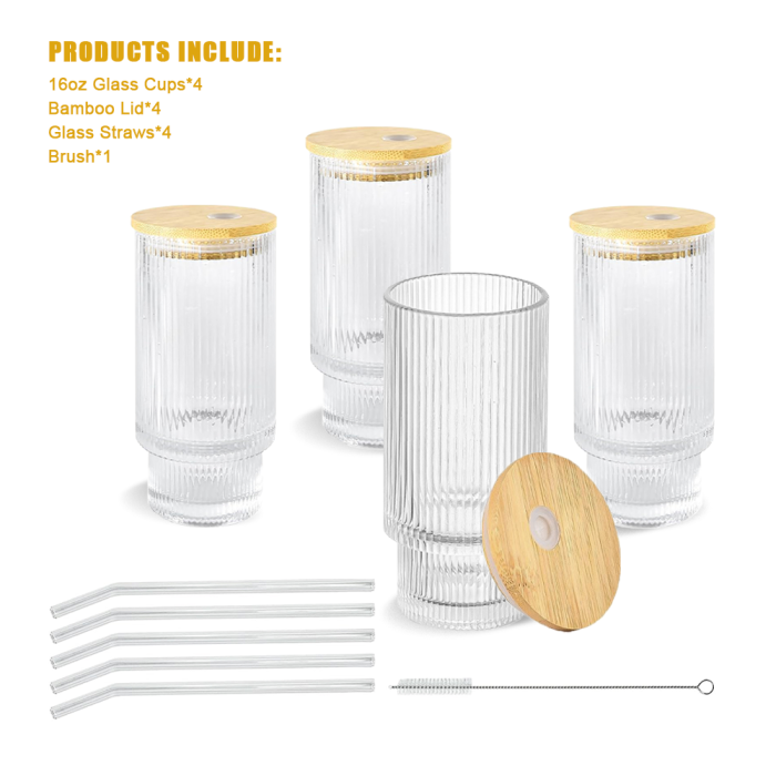 4 Pack 16oz Drinking Glasses Cups Set with Bamboo Lids Straws Brush 4 styles Vintage Glassware Set for Juice Iced Coffee Beer Cocktail Whiskey