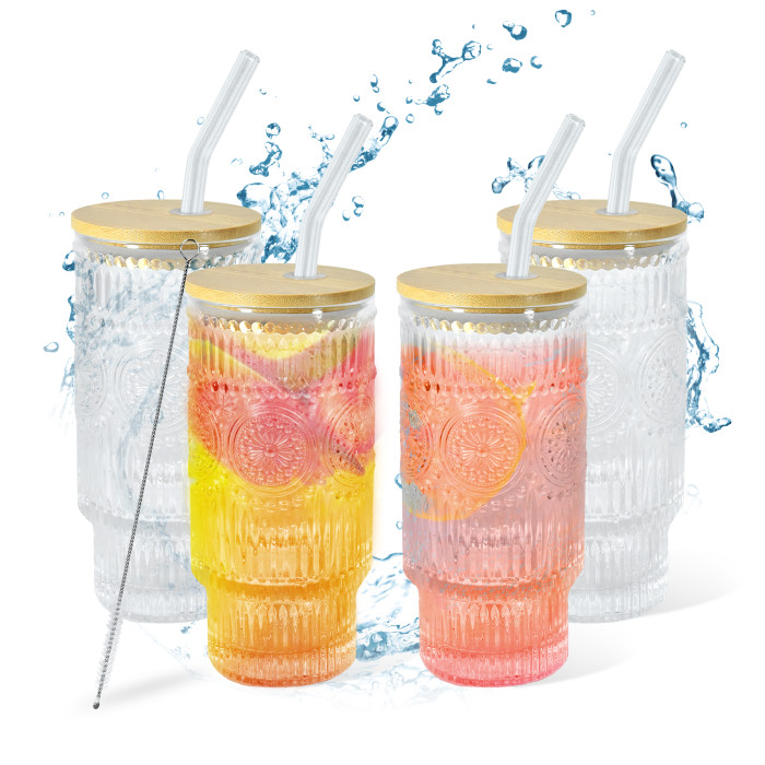 4 Pack 16oz Drinking Glasses Cups Set with Bamboo Lids Straws Brush 4 styles Vintage Glassware Set for Juice Iced Coffee Beer Cocktail Whiskey