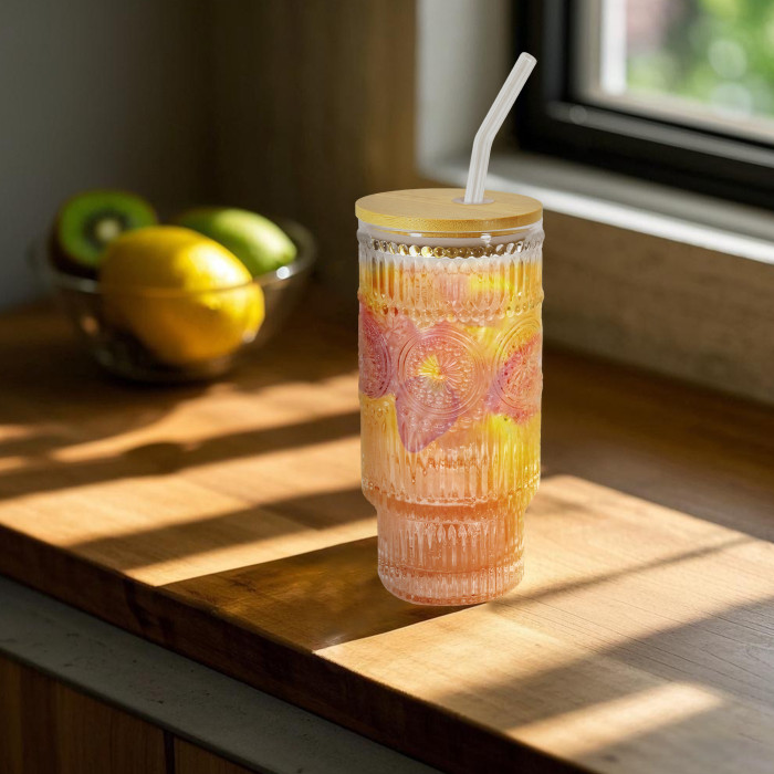 4 Pack 16oz Drinking Glasses Cups Set with Bamboo Lids Straws Brush 4 styles Vintage Glassware Set for Juice Iced Coffee Beer Cocktail Whiskey