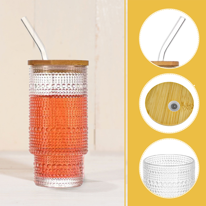 4 Pack 16oz Drinking Glasses Cups Set with Bamboo Lids Straws Brush 4 styles Vintage Glassware Set for Juice Iced Coffee Beer Cocktail Whiskey