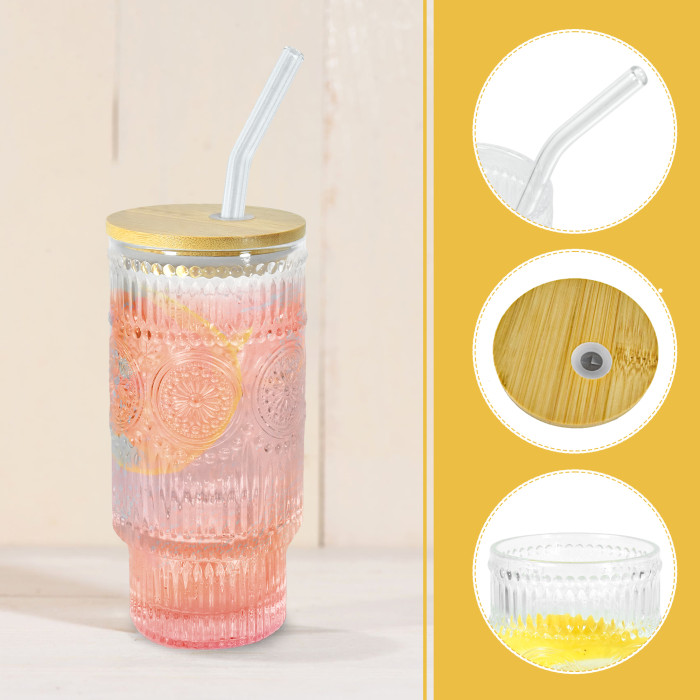 4 Pack 16oz Drinking Glasses Cups Set with Bamboo Lids Straws Brush 4 styles Vintage Glassware Set for Juice Iced Coffee Beer Cocktail Whiskey