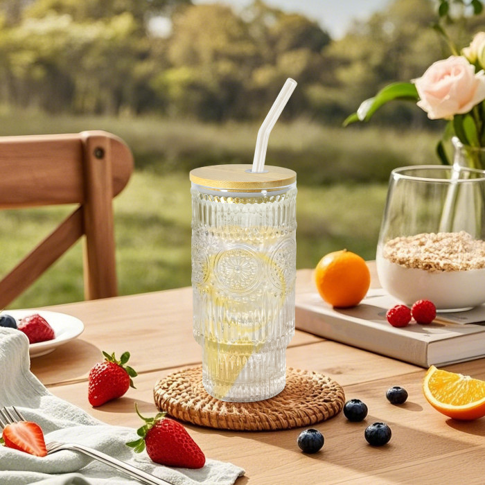 4 Pack 16oz Drinking Glasses Cups Set with Bamboo Lids Straws Brush 4 styles Vintage Glassware Set for Juice Iced Coffee Beer Cocktail Whiskey