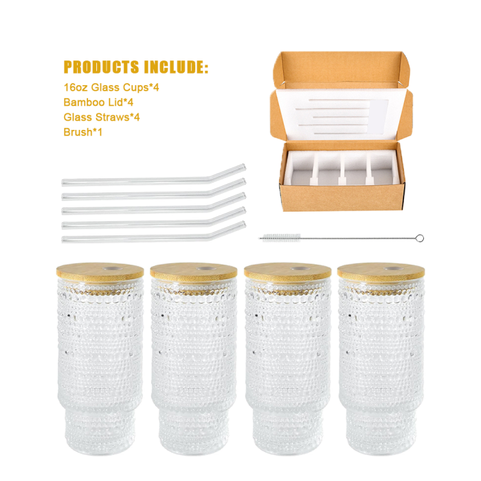 4 Pack 16oz Drinking Glasses Cups Set with Bamboo Lids Straws Brush 4 styles Vintage Glassware Set for Juice Iced Coffee Beer Cocktail Whiskey