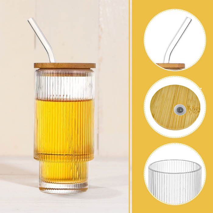 4 Pack 16oz Drinking Glasses Cups Set with Bamboo Lids Straws Brush 4 styles Vintage Glassware Set for Juice Iced Coffee Beer Cocktail Whiskey