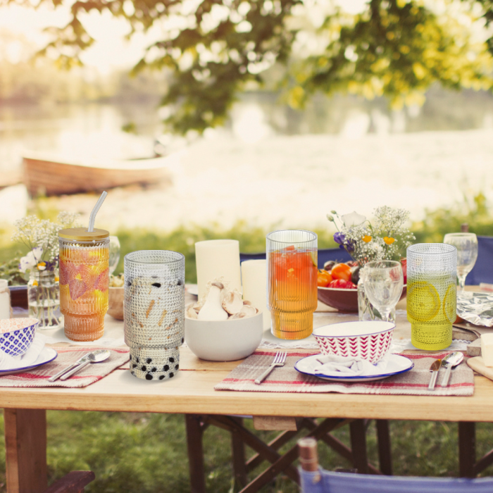 4 Pack 16oz Drinking Glasses Cups Set with Bamboo Lids Straws Brush 4 styles Vintage Glassware Set for Juice Iced Coffee Beer Cocktail Whiskey