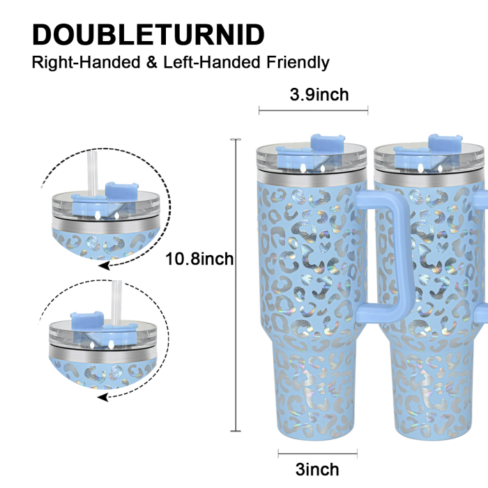 2 Pack 40oz Cheetah Tumbler with Handle and Straw, 100% Leak-Proof Travel Mug, Stainless Steel Double Wall Vacuum Insulated Coffee Cup Keeps Cold For 34 Hours, Hawkes Blue Leopard, White Leopard, cheetah
