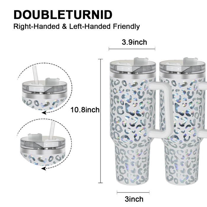 2 Pack 40oz Cheetah Tumbler with Handle and Straw, 100% Leak-Proof Travel Mug, Stainless Steel Double Wall Vacuum Insulated Coffee Cup Keeps Cold For 34 Hours, Hawkes Blue Leopard, White Leopard, cheetah
