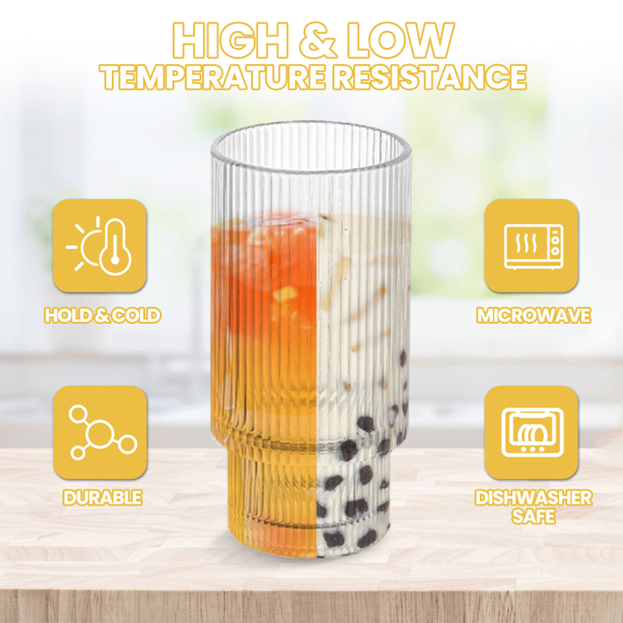 4 Pack 16oz Drinking Glasses Cups Set with Bamboo Lids Straws Brush 4 styles Vintage Glassware Set for Juice Iced Coffee Beer Cocktail Whiskey