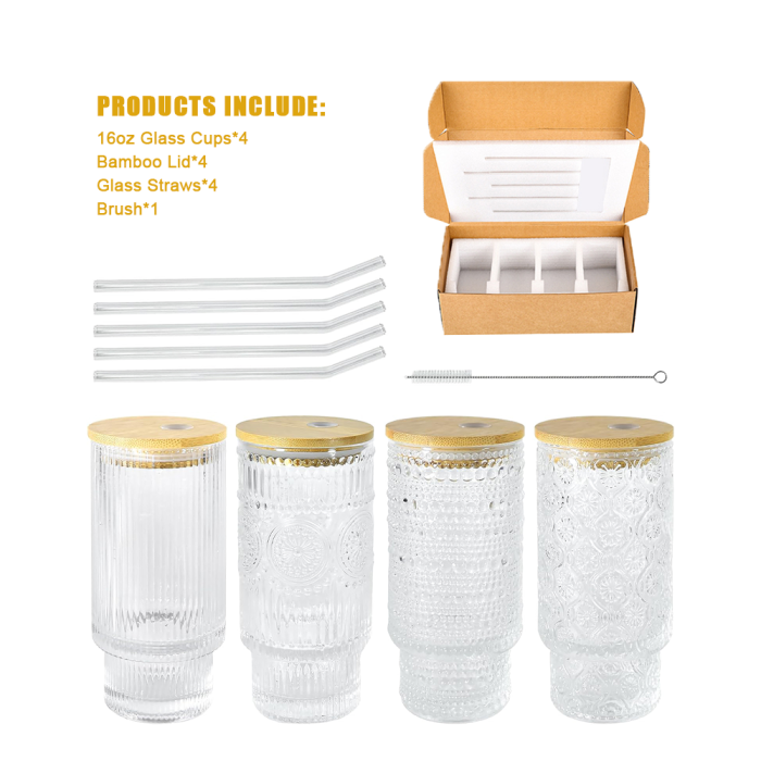 4 Pack 16oz Drinking Glasses Cups Set with Bamboo Lids Straws Brush 4 styles Vintage Glassware Set for Juice Iced Coffee Beer Cocktail Whiskey