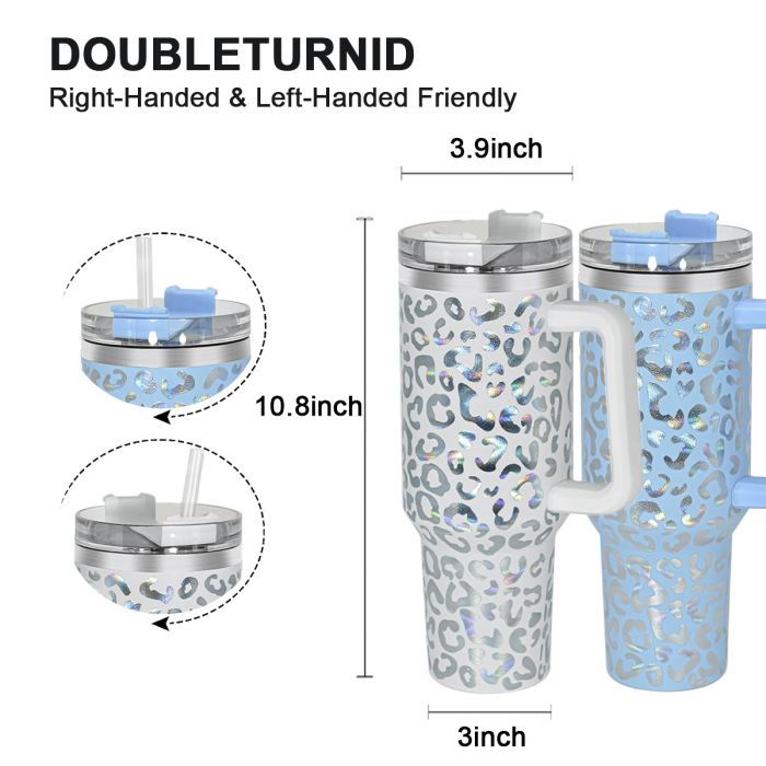 2 Pack 40oz Cheetah Tumbler with Handle and Straw, 100% Leak-Proof Travel Mug, Stainless Steel Double Wall Vacuum Insulated Coffee Cup Keeps Cold For 34 Hours, Hawkes Blue Leopard, White Leopard, cheetah