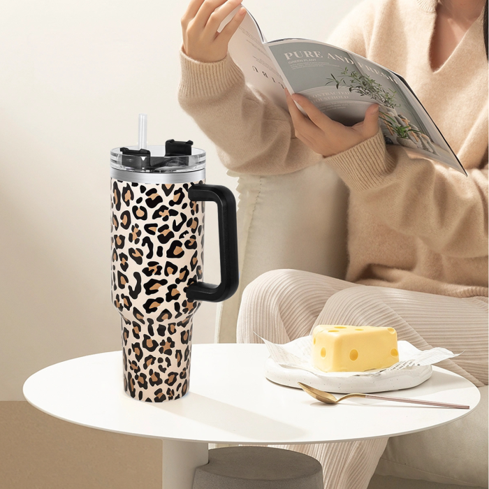 2 Pack 40oz Cheetah Tumbler with Handle and Straw, 100% Leak-Proof Travel Mug, Stainless Steel Double Wall Vacuum Insulated Coffee Cup Keeps Cold For 34 Hours, Hawkes Blue Leopard, White Leopard, cheetah