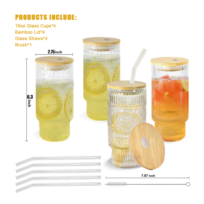 4 Pack 16oz Drinking Glasses Cups Set with Bamboo Lids Straws Brush 4 styles Vintage Glassware Set for Juice Iced Coffee Beer Cocktail Whiskey