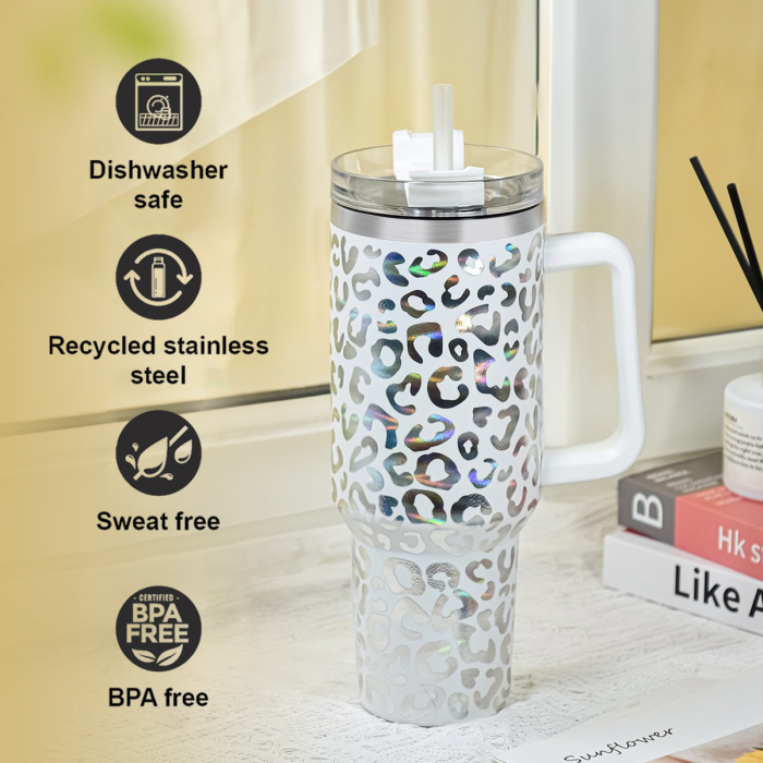 2 Pack 40oz Cheetah Tumbler with Handle and Straw, 100% Leak-Proof Travel Mug, Stainless Steel Double Wall Vacuum Insulated Coffee Cup Keeps Cold For 34 Hours, Hawkes Blue Leopard, White Leopard, cheetah