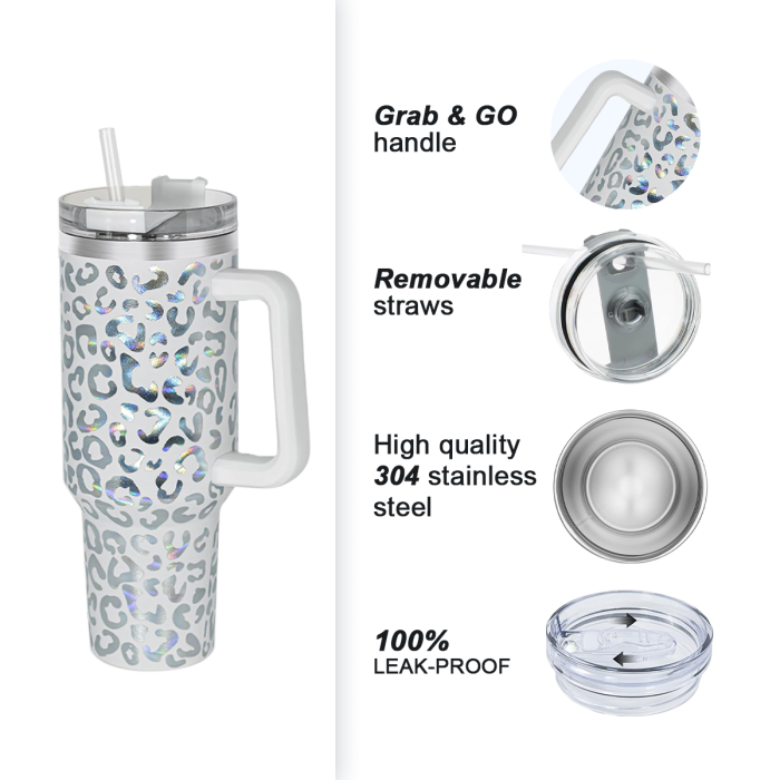 2 Pack 40oz Cheetah Tumbler with Handle and Straw, 100% Leak-Proof Travel Mug, Stainless Steel Double Wall Vacuum Insulated Coffee Cup Keeps Cold For 34 Hours, Hawkes Blue Leopard, White Leopard, cheetah