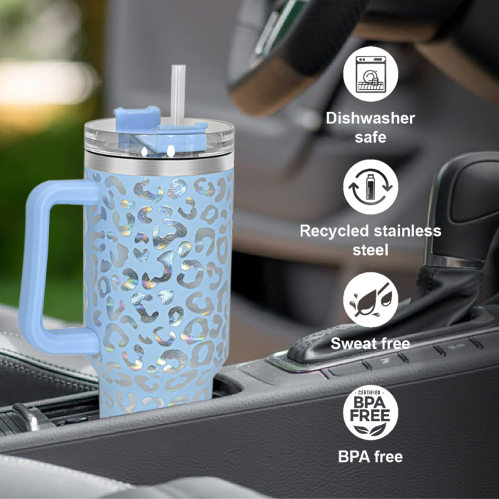 2 Pack 40oz Cheetah Tumbler with Handle and Straw, 100% Leak-Proof Travel Mug, Stainless Steel Double Wall Vacuum Insulated Coffee Cup Keeps Cold For 34 Hours, Hawkes Blue Leopard, White Leopard, cheetah
