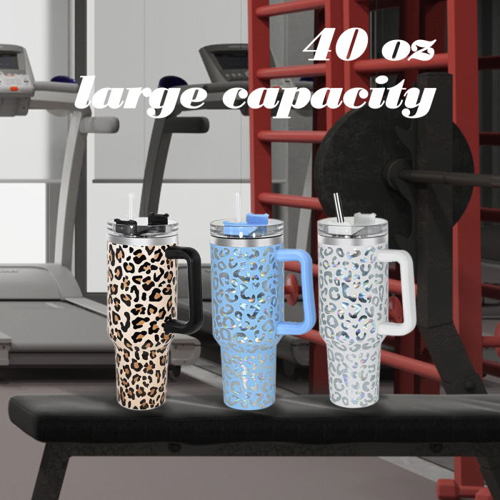 2 Pack 40oz Cheetah Tumbler with Handle and Straw, 100% Leak-Proof Travel Mug, Stainless Steel Double Wall Vacuum Insulated Coffee Cup Keeps Cold For 34 Hours, Hawkes Blue Leopard, White Leopard, cheetah