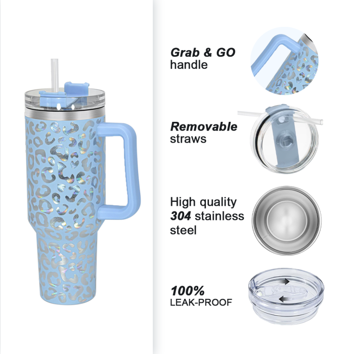 2 Pack 40oz Cheetah Tumbler with Handle and Straw, 100% Leak-Proof Travel Mug, Stainless Steel Double Wall Vacuum Insulated Coffee Cup Keeps Cold For 34 Hours, Hawkes Blue Leopard, White Leopard, cheetah
