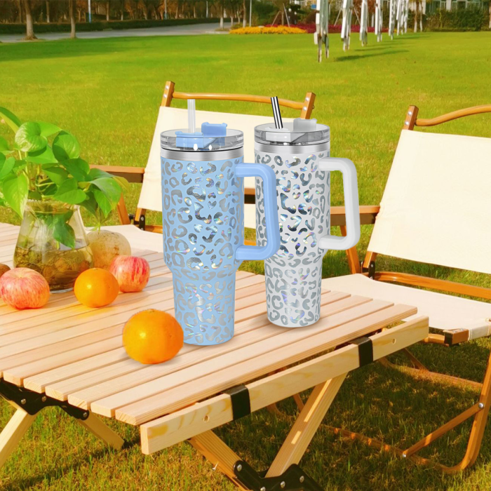 2 Pack 40oz Cheetah Tumbler with Handle and Straw, 100% Leak-Proof Travel Mug, Stainless Steel Double Wall Vacuum Insulated Coffee Cup Keeps Cold For 34 Hours, Hawkes Blue Leopard, White Leopard, cheetah