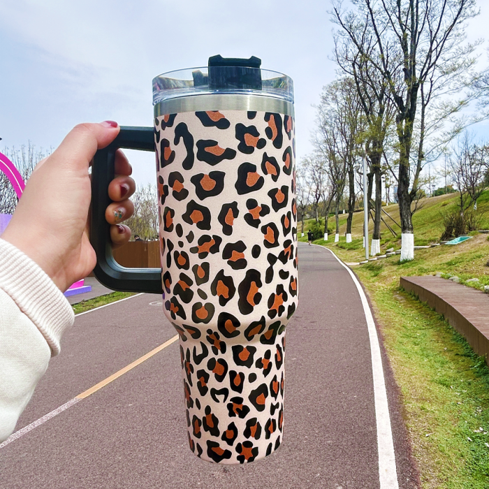 2 Pack 40oz Cheetah Tumbler with Handle and Straw, 100% Leak-Proof Travel Mug, Stainless Steel Double Wall Vacuum Insulated Coffee Cup Keeps Cold For 34 Hours, Hawkes Blue Leopard, White Leopard, cheetah
