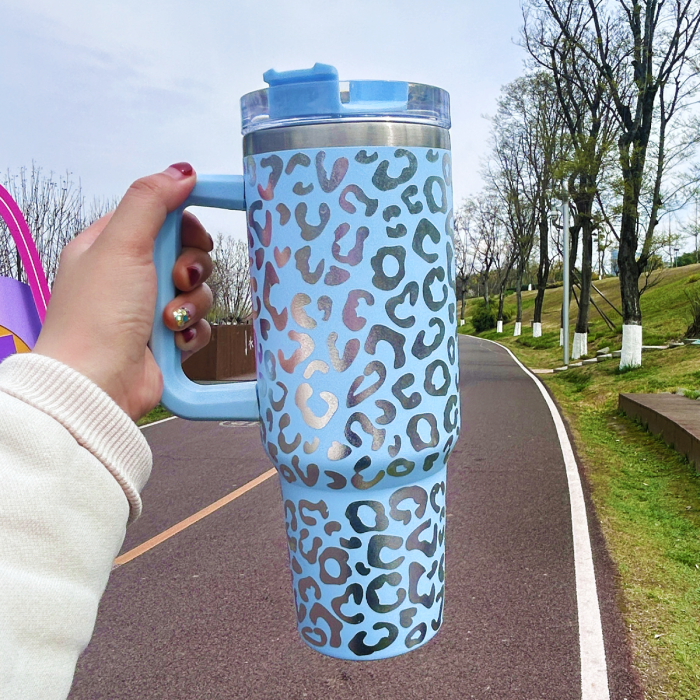 2 Pack 40oz Cheetah Tumbler with Handle and Straw, 100% Leak-Proof Travel Mug, Stainless Steel Double Wall Vacuum Insulated Coffee Cup Keeps Cold For 34 Hours, Hawkes Blue Leopard, White Leopard, cheetah