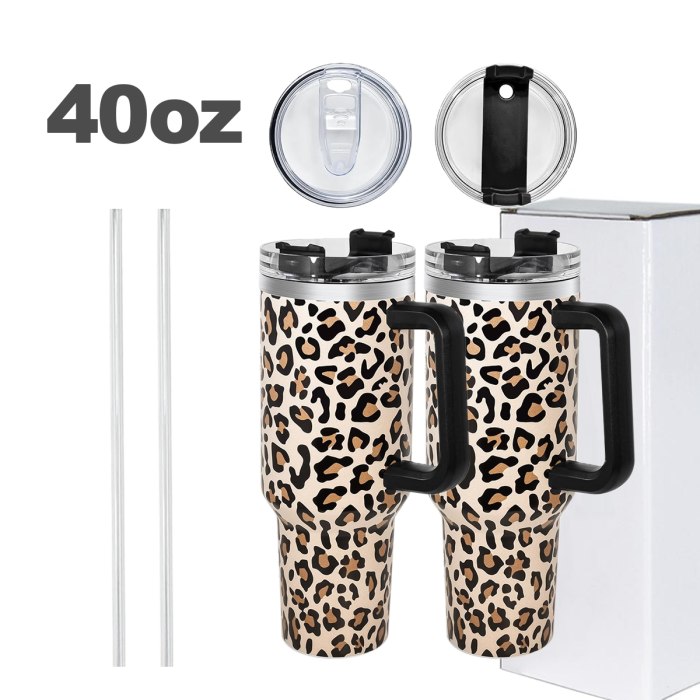 2 Pack 40oz Cheetah Tumbler with Handle and Straw, 100% Leak-Proof Travel Mug, Stainless Steel Double Wall Vacuum Insulated Coffee Cup Keeps Cold For 34 Hours, Hawkes Blue Leopard, White Leopard, cheetah