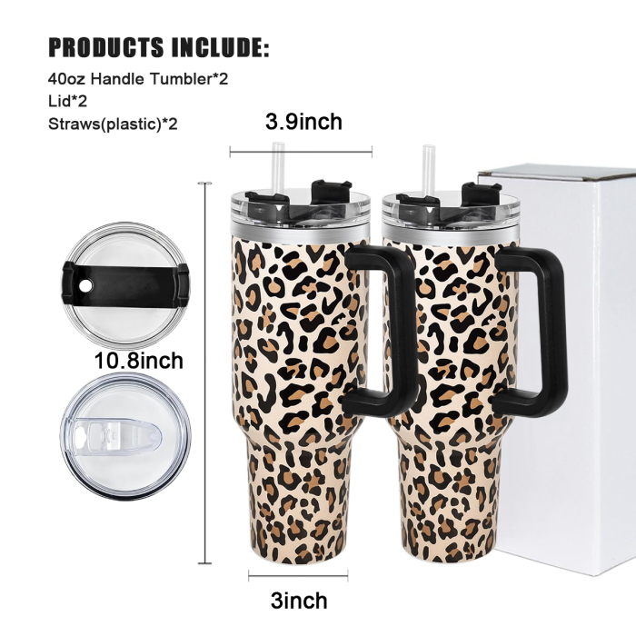 2 Pack 40oz Cheetah Tumbler with Handle and Straw, 100% Leak-Proof Travel Mug, Stainless Steel Double Wall Vacuum Insulated Coffee Cup Keeps Cold For 34 Hours, Hawkes Blue Leopard, White Leopard, cheetah