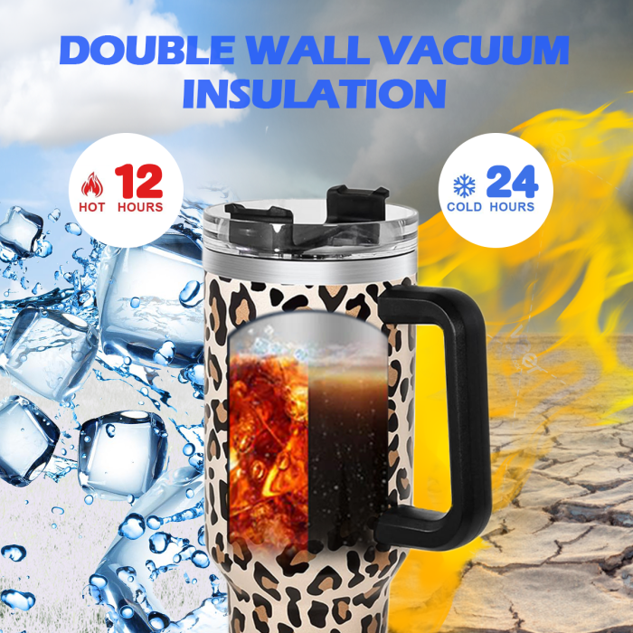 2 Pack 40oz Cheetah Tumbler with Handle and Straw, 100% Leak-Proof Travel Mug, Stainless Steel Double Wall Vacuum Insulated Coffee Cup Keeps Cold For 34 Hours, Hawkes Blue Leopard, White Leopard, cheetah