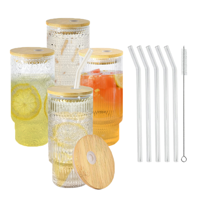 4 Pack 16oz Drinking Glasses Cups Set with Bamboo Lids Straws Brush 4 styles Vintage Glassware Set for Juice Iced Coffee Beer Cocktail Whiskey
