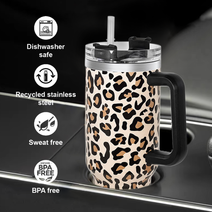 2 Pack 40oz Cheetah Tumbler with Handle and Straw, 100% Leak-Proof Travel Mug, Stainless Steel Double Wall Vacuum Insulated Coffee Cup Keeps Cold For 34 Hours, Hawkes Blue Leopard, White Leopard, cheetah