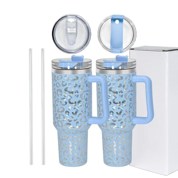 2 Pack 40oz Cheetah Tumbler with Handle and Straw, 100% Leak-Proof Travel Mug, Stainless Steel Double Wall Vacuum Insulated Coffee Cup Keeps Cold For 34 Hours, Hawkes Blue Leopard, White Leopard, cheetah