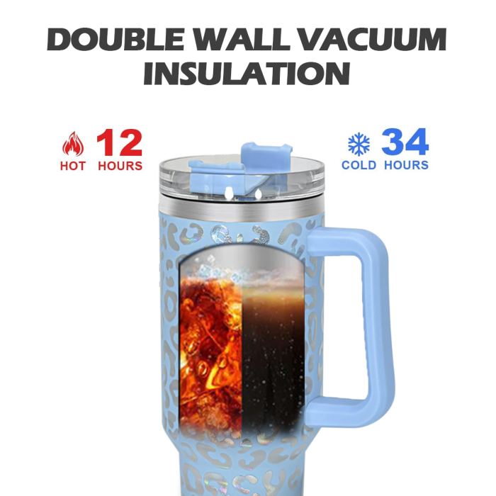 2 Pack 40oz Cheetah Tumbler with Handle and Straw, 100% Leak-Proof Travel Mug, Stainless Steel Double Wall Vacuum Insulated Coffee Cup Keeps Cold For 34 Hours, Hawkes Blue Leopard, White Leopard, cheetah