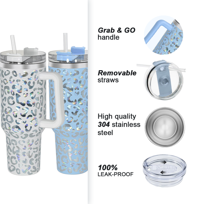 2 Pack 40oz Cheetah Tumbler with Handle and Straw, 100% Leak-Proof Travel Mug, Stainless Steel Double Wall Vacuum Insulated Coffee Cup Keeps Cold For 34 Hours, Hawkes Blue Leopard, White Leopard, cheetah