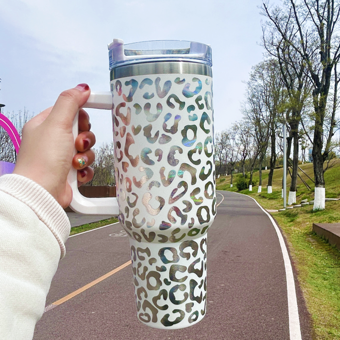 2 Pack 40oz Cheetah Tumbler with Handle and Straw, 100% Leak-Proof Travel Mug, Stainless Steel Double Wall Vacuum Insulated Coffee Cup Keeps Cold For 34 Hours, Hawkes Blue Leopard, White Leopard, cheetah