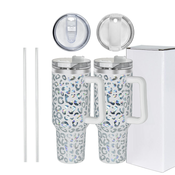 2 Pack 40oz Cheetah Tumbler with Handle and Straw, 100% Leak-Proof Travel Mug, Stainless Steel Double Wall Vacuum Insulated Coffee Cup Keeps Cold For 34 Hours, Hawkes Blue Leopard, White Leopard, cheetah