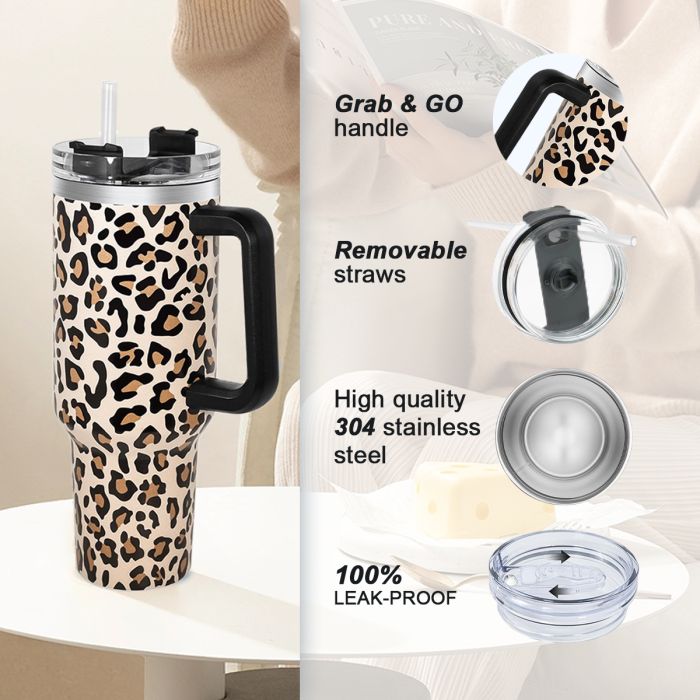2 Pack 40oz Cheetah Tumbler with Handle and Straw, 100% Leak-Proof Travel Mug, Stainless Steel Double Wall Vacuum Insulated Coffee Cup Keeps Cold For 34 Hours, Hawkes Blue Leopard, White Leopard, cheetah