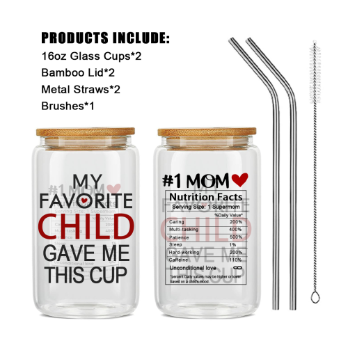 US Warehouse coming soon 16oz 'My Favorite Child Gave Me This Cup' clear glass can drinking glass cup tumbler with bamboo lid and metal straw for Best MOM