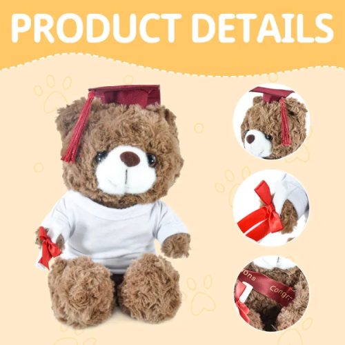 Clearance Sale US Warehouse Graduation Teddy Bear Doll with white sublimation shirt+Graduation cap