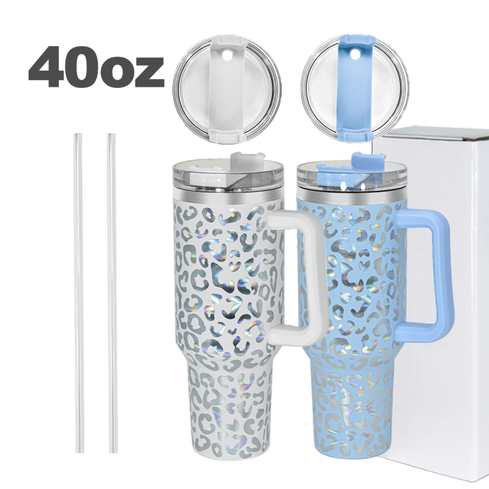 2 Pack 40oz Cheetah Tumbler with Handle and Straw, 100% Leak-Proof Travel Mug, Stainless Steel Double Wall Vacuum Insulated Coffee Cup Keeps Cold For 34 Hours, Hawkes Blue Leopard, White Leopard, cheetah