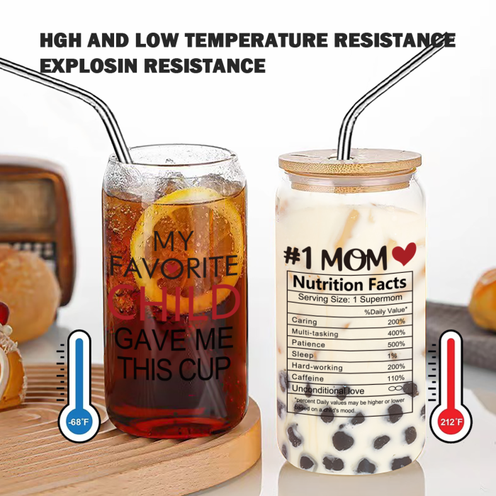 US Warehouse 16oz 'My Favorite Child Gave Me This Cup' clear glass can drinking glass cup tumbler with bamboo lid and metal straw for Best MOM