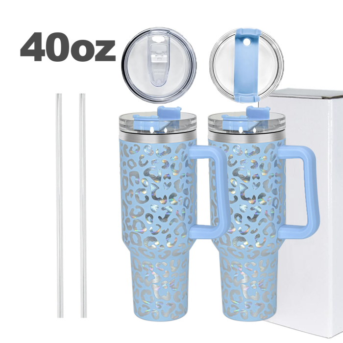2 Pack 40oz Cheetah Tumbler with Handle and Straw, 100% Leak-Proof Travel Mug, Stainless Steel Double Wall Vacuum Insulated Coffee Cup Keeps Cold For 34 Hours, Hawkes Blue Leopard, White Leopard, cheetah