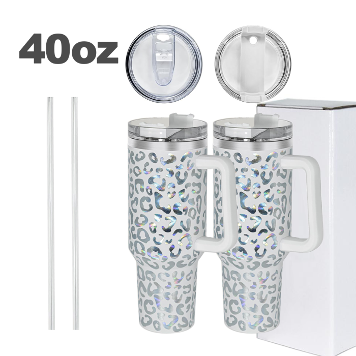 2 Pack 40oz Cheetah Tumbler with Handle and Straw, 100% Leak-Proof Travel Mug, Stainless Steel Double Wall Vacuum Insulated Coffee Cup Keeps Cold For 34 Hours, Hawkes Blue Leopard, White Leopard, cheetah
