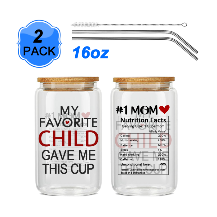 US Warehouse 16oz 'My Favorite Child Gave Me This Cup' clear glass can drinking glass cup tumbler with bamboo lid and metal straw for Best MOM