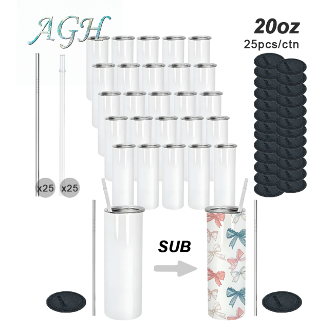 20oz sublimation stainless steel skinny tumbler with plastic straw metal straw and rubber bottom