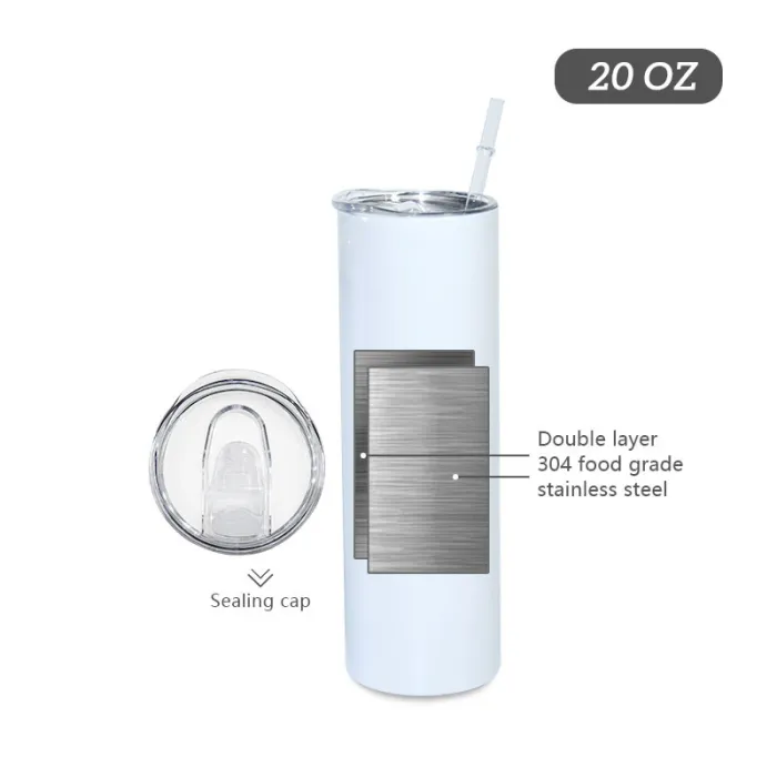 USA warehouse stock 20oz sublimation straight skinny tumbler with plastic straw and rubber bottom 25pcs/case