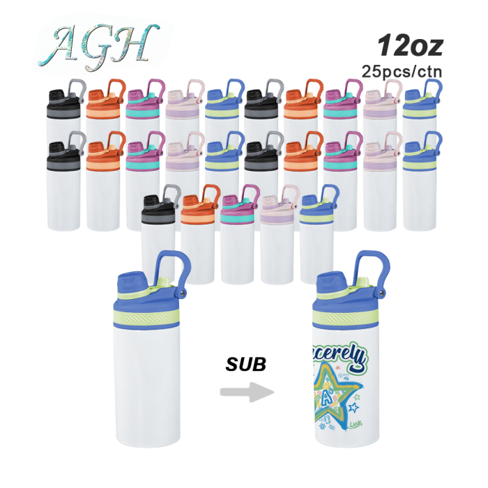 USA warehouse 12oz stainless steel sublimation kids water bottle with new colored 2 in 1 lid  25pcs/case