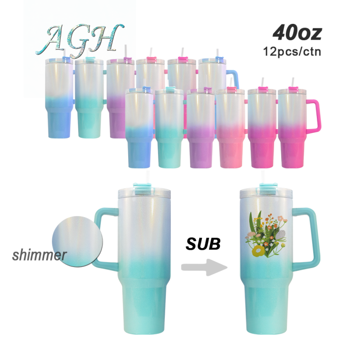 US warehouse 40oz sublimation ombre glitter colored tumbler with handle and plastic straw
