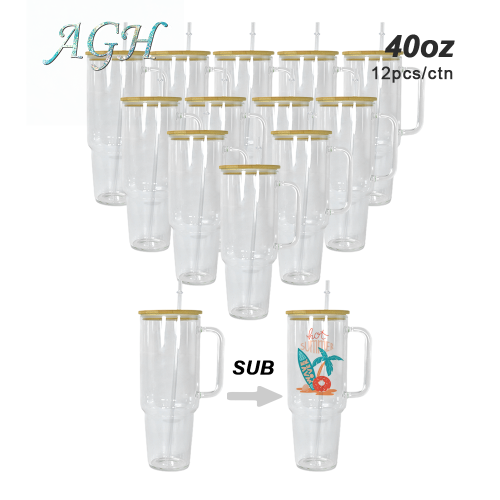 USA warehouse 32oz 40oz sublimation clear/frosted glass handle mug with straw